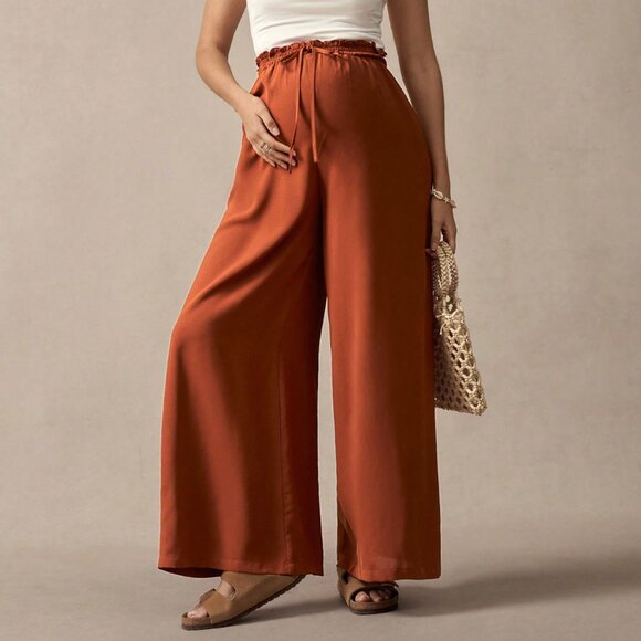 Maternity Rust Brown Casual Women's High Waist Wide Leg Pants - Picture 1 of 7